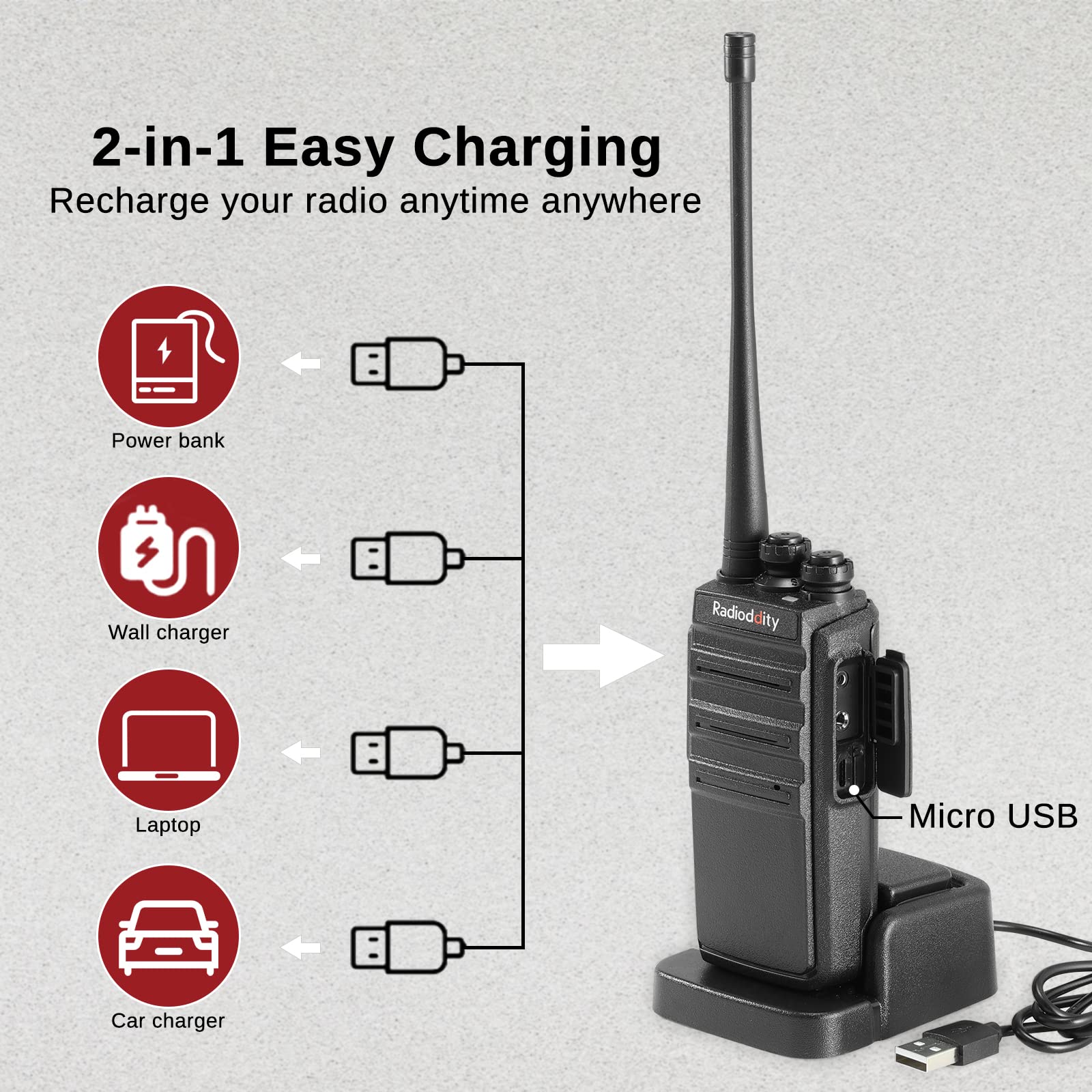 4 Pack Radioddity GA-2S Long Range Walkie Talkies for Adults UHF Two Way Radio Rechargeable with Micro USB Charging + USB Desktop Charger + Air Acoustic Earpiece with Mic, for School Retail Business - Image 3